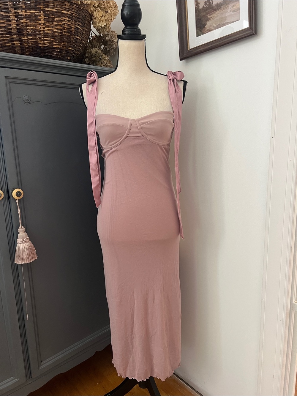 NWT Free People Got Glam Mesh Slip Midi Dress Pink Satin Tie Straps Feminine - Picture 3 of 4